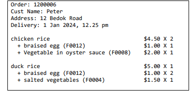 FoodDelivery(custName, custAddress, orderNumber, dishName, dishUnitPrice, dishQty,